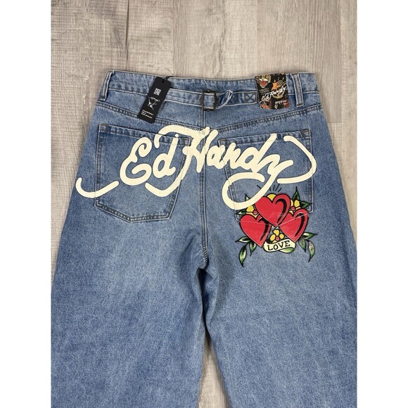 NWT Ed Hardy Heart Dagger Love Wide Leg Loose Fit Retro Light Jeans Size 32 J - Picture 2 of 11